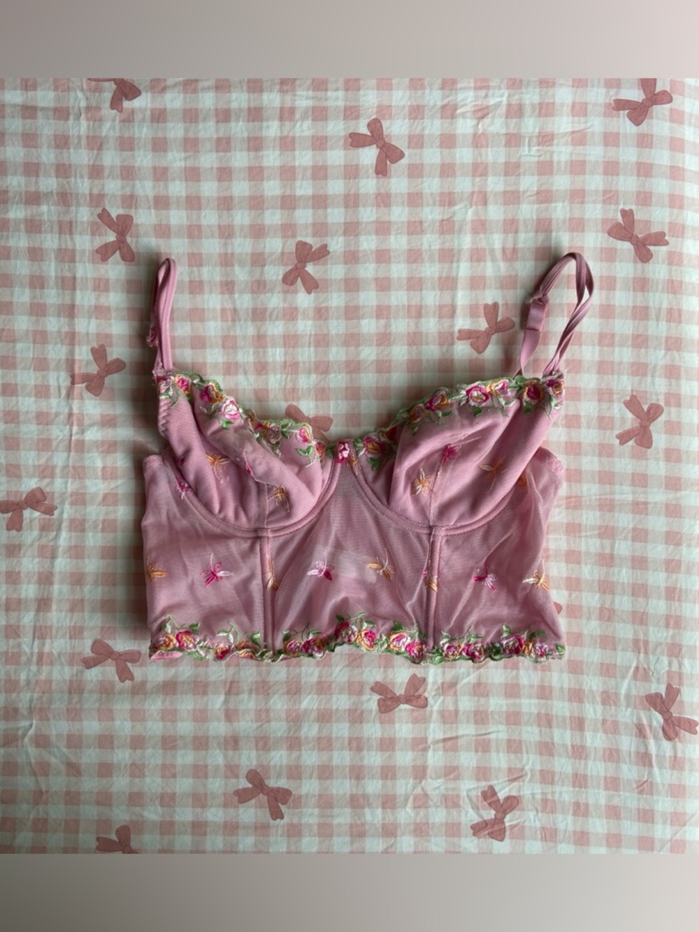 🌸🌷Pink Floral Embroidered Sheer Bralette Top